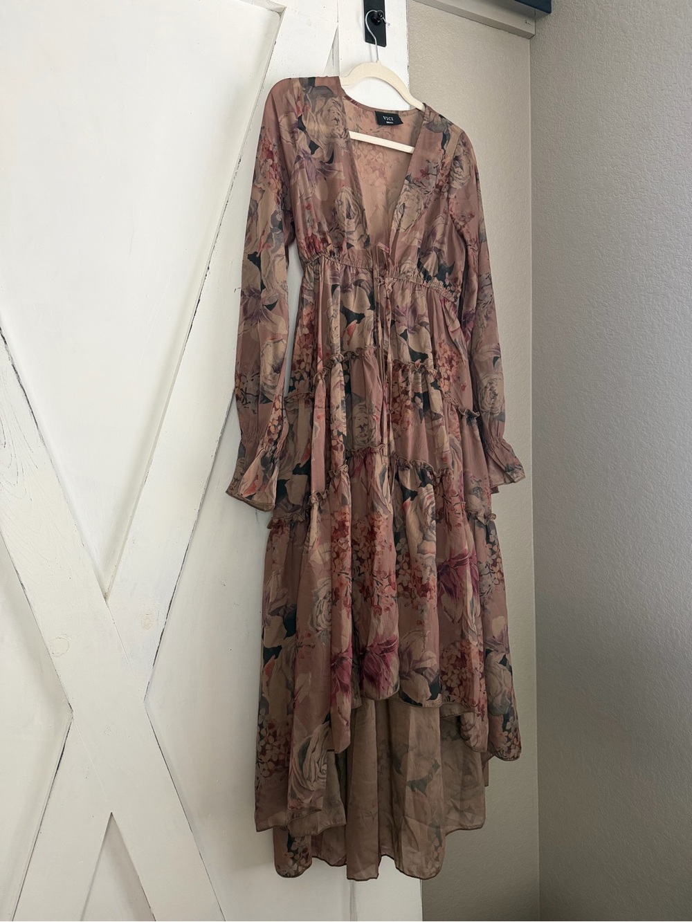 Floral Mauve Tiered Long-Sleeve Maxi Dress